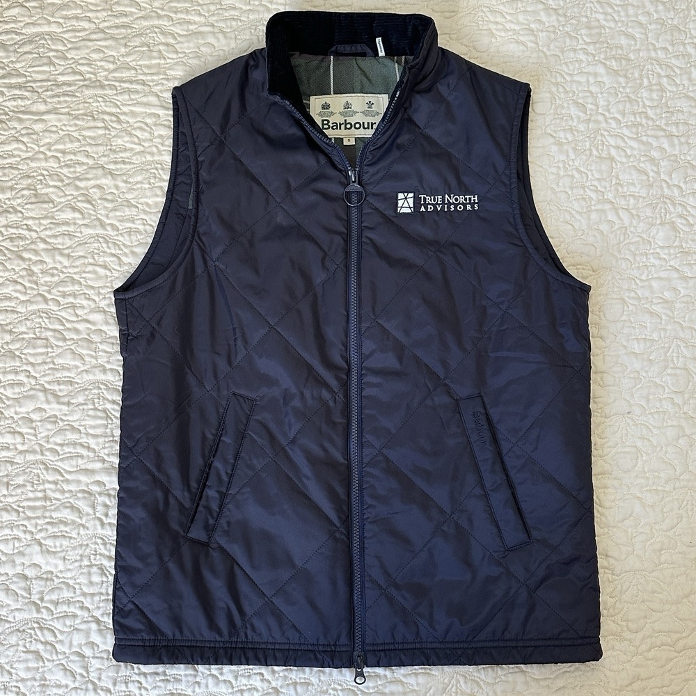 Barbour Navy Winterdale Gilet Full Zip Vest Men's Small True North Advisors Logo